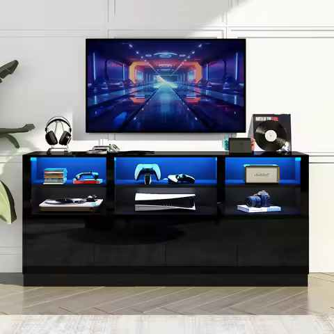 LED TV Stand with Adjustable Shelves & 4 Doors TV Stand for 80 In TV Entertainment Center Console Ca