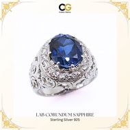 CG Lab Corundum Sapphire Oval Cut with Swiss Gems Vintage Sterling Silver 925 Mens Ring