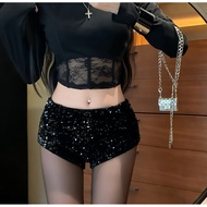 SA (DEAL OPEN FOR SALE) Flattering Low-Rise Sequined Shorts, Luxurious Black Sparkly Shorts Low Rise