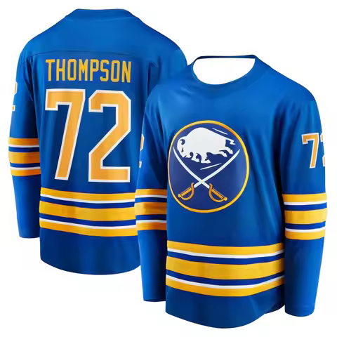 Hockey Jersey - Blue with Yellow/White Accents "Thompson 72" Buffalo Bison & Crossed Swords Logo 3d 