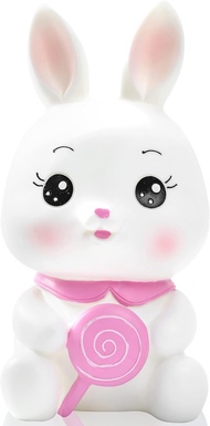 H&W Cute White Bunny Coin Bank with Lollipop, Shatterproof Rabbit Money Bank, Creative Money Bank, C