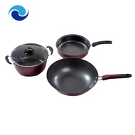 3PCS 30cm 24cm 24cm Non Stick Stir Fry Pan Set Cookware Frying Pan Soup Wok with Lids Insulated Handle