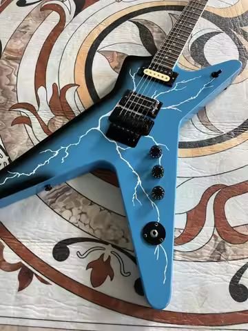 Chinese Electric Guitar Blue Lightning Tremolo System Guitar Strap 6 String Flying V
