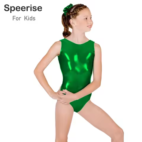 Kids Shiny Metallic Dancing Tank Bodysuits Sleeveless Gymnastics Suits Leotards Costumes Nylon Stage