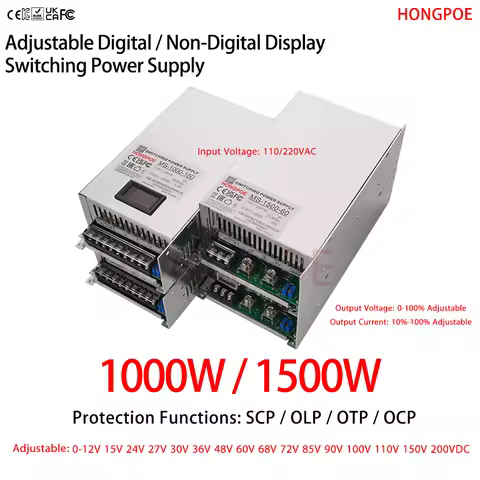 CE 1000W / 1500W SMPS 0-200VDC Input 110/220VAC 0-100% Voltage / Current Adjustable for LED, CCTV, N