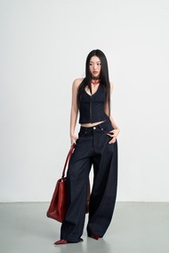Set Áo Jean Corset Gile Cổ Yếm và Quần Jeans Ống Rộng - HOO DESIGN