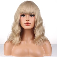Blonde Wig For Women Short Curly Wavy Blonde Wig with Bangs Ash Blonde Bob Synthetic Wigs with Wig C