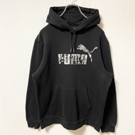 古著彪馬長袖標誌印花連帽衫，黑色，M 碼