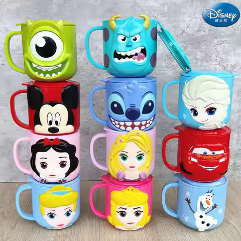 Cartoon Disney Mickey Stitch kids Cup With Lid Milk Mug Frozen Elsa 3D Home Drinking Cup Mouth Brush