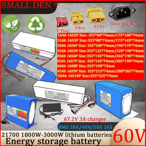 21700 60V 10Ah 20Ah 30Ah 40Ah 50Ah 45Ah Lithium Battery Pack with 16S BMS, 0-3000W Power Tool Scoote
