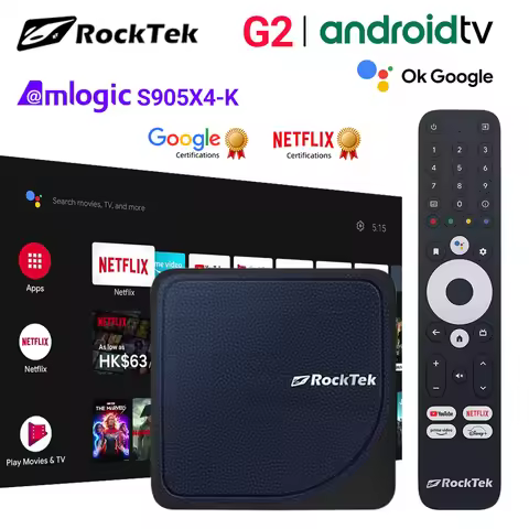 Amlogic S905X4-K RockTek G2 4K Android TV 14 Stream Box with Netflix Google Certified 4G64G Support 