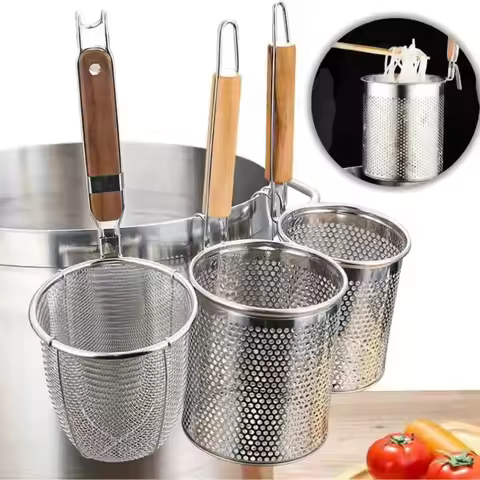 Stainless Steel Noodle Funnel Pasta Basket Strainer Fine Mesh Sieve Spoon Wooden Handle Noodle Dumpl