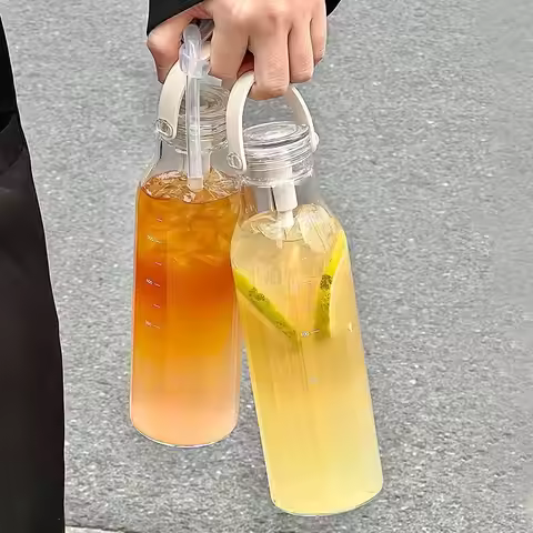 High Borosilicate Glass Water Bottles For Girls Tumbler With Handle Straw Scale Glasses Clear Heat-r