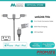 Promate UniLink-Trio 3-In-1 Multi Charging Cable 1.2M, Universal Multiple with USB Type-C™, Lightnin