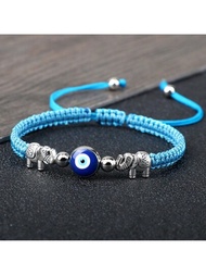 1個復古編織手鍊,土耳其藍色瞪眼珠尼龍線合金小象吊飾情侶手鍊和手環鏈,珠寶手鍊