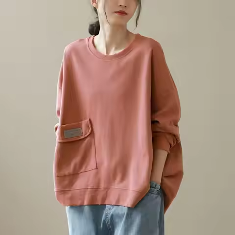 98% Cotton Pullovers Women Art Fashion Pocket Design Pullover Casual Loose Long Sleeve T Shirt Sprin