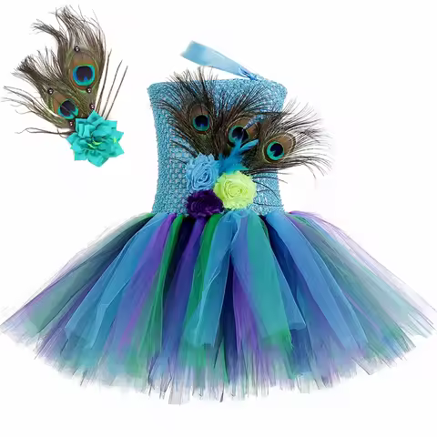 Girls Flower Feathers Peacock Costume Kids Blue Peacock Princess Tutu Dress Toddler Girls Halloween 
