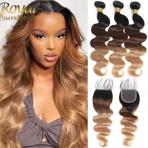 Ombre Color Body Wave Human Hair Bundles with Closure 100% Unprocessed Virgin Hair 1b/4/27 Colored B