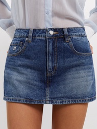 [Pomelo] กางเกงยีนส์ขาสั้นแต่งโลโก้ / Logo Denim Shorts