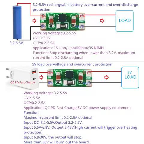 OCP OVP UVLO OTP Power Supply Protection Board DC 3.3-5V 0.2-2.5A Overvoltage Overcurrent for Arduin