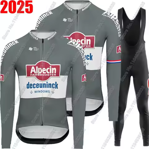 Alpecin Deceuninck 2025 Van Der Poel Cycling Jersey Grey Long Sleeve Set Winter Suit MTB Bike Road P