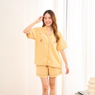 Gnight.Butter Pajamas l ชุดนอนสีเหลือง ลายหมี กันโป๊โนบราได้ (มีไซส์ใหญ่)