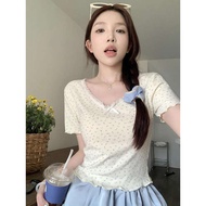 pink top korean top Sweet Spice Girl Bm Floral Short-sleeved Shoulder T-shirt Women's Summer Lace Base Shirt Inner Slim-fit Slim-fit Short Top