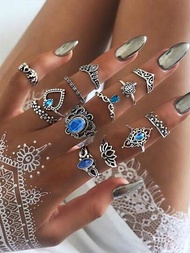 Juego De 13 Piezas De Anillos De Plata Apilables De Nudillo Boho Vintage Para Mujeres, Con Decoración De Luna, Estrella, Mariposa, Cristal Azul Y Piedras Preciosas. Incluye Anillos Apilables De Nudo Común Y De Declaración Conjunta. Juego De Regalo De Joyería De Anillos Apilables Para Adolescentes