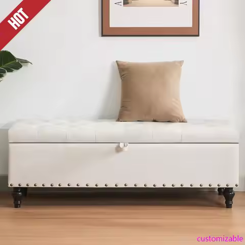51” Linen End of Bed Storage Bench, Tufetd Upholstered Storage Ottoman Bench, 330 lb Large Ottoman w