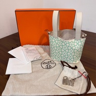 HERMES Picotin 14 Swift迷你小花菜籃(AB白x綠/U刻/銀釦)