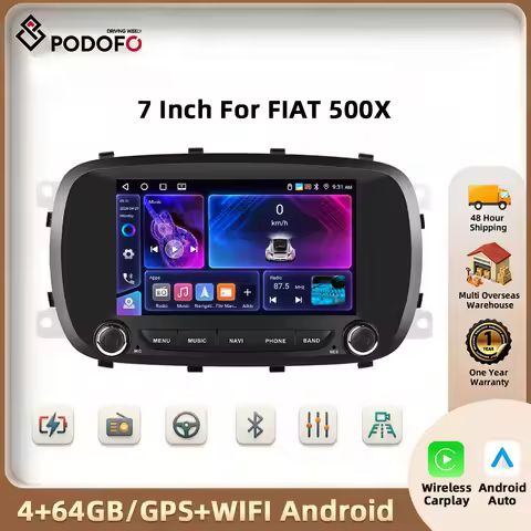 Podofo 7'' Wireless Carplay Android Auto Radio For FIAT 500X Car Intelligent Systems GPS Navigation 