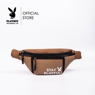 Playboy กระเป๋าคาดอกคาดเอวผู้ชาย ลิขสิทธิ์แท้ รุ่น ST-BS233PBM004-CR ดีไซน์คาดเอวผ้าตัดต่อสกรีนขาว-ส