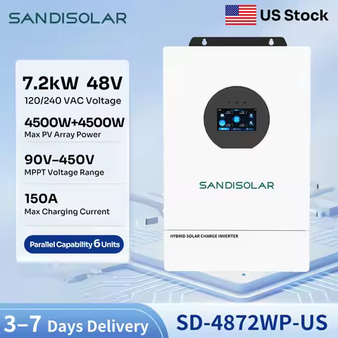 SANDISOLAR 7.2KW 48V Hybrid Solar Inverter 150A Max Charging Current 120V 240V Split Phase Off Grid 