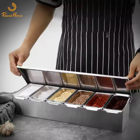 PizzAtHome 3/4/5/6 Section Seasoning Box Stainless Steel Ingredients Box Cheese Sauce Salt Sugar Box