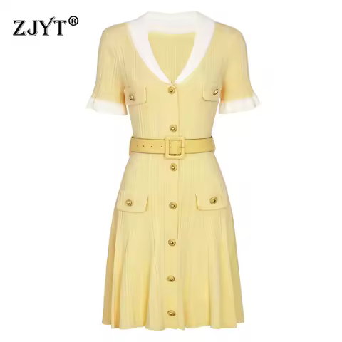 Dress Women's Yellow ZJYT Summer Women's Knitted Sweater Dress Short Sleeve 2026 Fashion New Short S