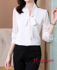 Áo Sơ Mi trung niên nữ HT Store_Áo Sơ Mi Nữ Đẹp Tay Dài Cổ Thắt Nơ Đen Trắng