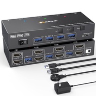 จอภาพคู่ USB สวิตช์ KVM 3.0สวิตช์ KVM สำหรับ HDMI สวิตช์ KVM จอ2จอคอมพิวเตอร์3เครื่อง4K 60Hz 2K 144Hz ตัวจำลอง EDID สวิตช์ KVM จอภาพคู่มี4 USB พอร์ต3.0พอร์ตรีโมตแบบมีสายและสายเคเบิล