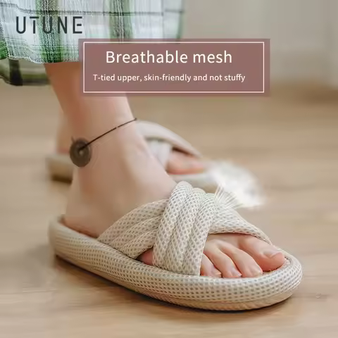 UTUNE Mute Linen Slippers For Women Japanese Indoor Summer Shoes Mesh Cloth EVA Sole Jute Home Slipp