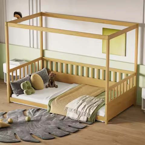 Twin Size Canopy Bed Frame with Guardrails for Kids,Floor Bed Twin with Four Poster Design,Kids Mont