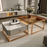Side Room Living Glass Modern Storage Slate Square Coffee Table Combination Set【Installation-Free】 S