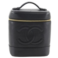 香奈兒 Coco Mark 化妝包 A01998 魚子醬紋皮革黑色拉鍊手提包 [二手]
