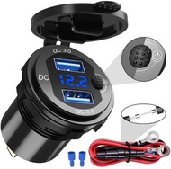 (現貨) 快速充電 3.0 雙 USB 充電器插座,12V 36W 鋁製防水電源插座,附開關 LED 數位電壓表和保險絲,DIY 套件,適用於汽車、海洋、船、摩托車、卡車、高爾夫球車等