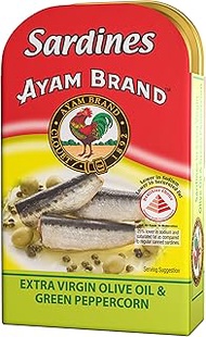 Ayam Brand Sardines in Extra Virgin Olive Oil and Green Peppercorn| Selected Pieces | No Preservatives | Halal &amp; Healthier Choice| Omega 3 | Calcium, Antioxidants | Ready to Eat - 120g