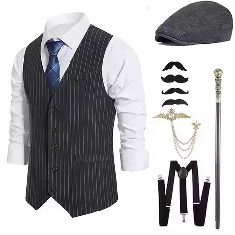 Men's Gangster Costume And Accessories Set Steampunk WaistCoat Peaky Blinders Vest Pocket Watch 1920