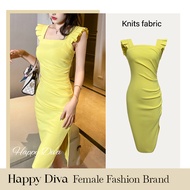 Happy Diva Womens Elastic Yellow Knits Midi dress Lady Sleeveless ninang clothes With Gathered Waist