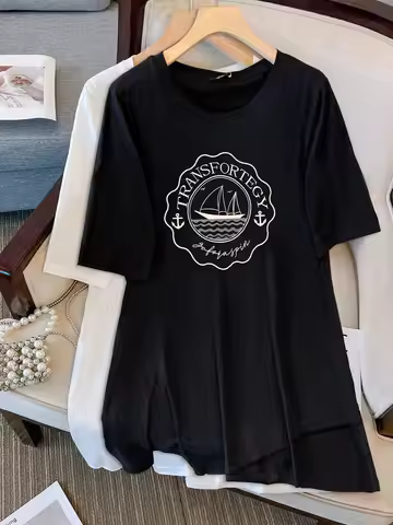 150Kg Plus Size Women's Bust 153 Summer Loose Printed Short Sleeved Cotton T-Shirt Black White 5XL 6