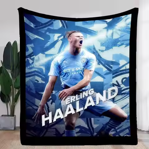 Erling Haaland Manchester City Soccer Player Blanket - Soft and Cozy Fleece Throw, Vibrant Light Blu