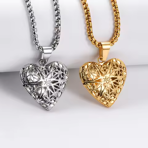 Stainless Steel Love Heart Hollow Locket Pendant Necklace Pictures Locket Jewelry Party Gift Silver/