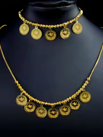 Turkish Gold Color Coins Necklace Bracelet Set 21k Gold Plated Kurdish Beads Chokers Dubai Islamic W