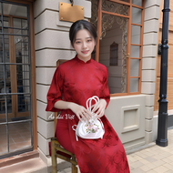 Áo dài gấm thọ dơi loại 1 màu đỏ cách tân nữ suông tết 2025 dáng xưa may sẵn sang trọng